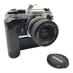 Nikon FE2 camera body, serial no. 2043167, with 'Nikon Zoom-NIKKOR 35-70mm 1:3.3-4.5' lens, serial no 3006624 and Nikon MD-12 Motor Drive, serial no. 1679037