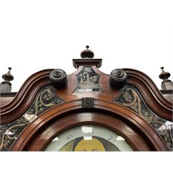 Penlington of Liverpool – early 19th century 8-day mahogany longcase clock, swans neck pediment with three turned wooden finials and verre eglomise panels, trunk with reeded columns and wavy topped door, plinth with canted corners on bracket feet, painted break-arch dial with Roman numerals and five-minute Arabic’s, centre sweep calendar and seconds hands, blue steel serpentine hands, signed beneath a painted rolling moon in the arch PENLINGTON, LIVERPOOL, eight day four pillar movement, anchor escapement and rack striking on a bell. With pendulum and weights.  The Penlington family were prolific clockmakers in 19th century Liverpool working from several addresses in the city, also recorded as chronometer and chronograph makers.