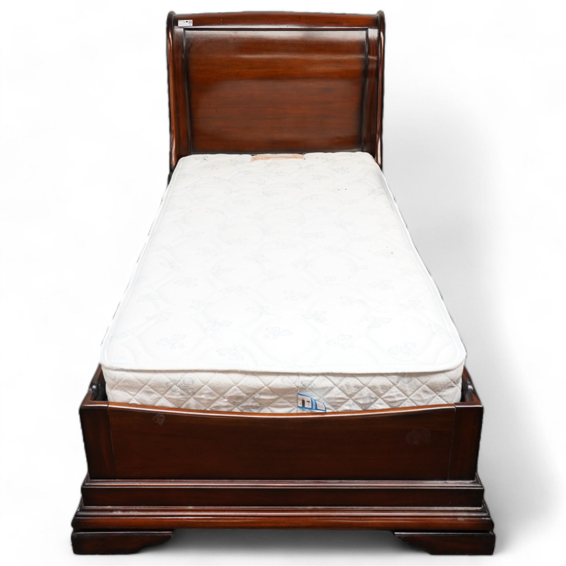 Barker & Stonehouse - mahogany 3' sleigh bed with mattress, scrolled panelled headboard, lower moulded edge on bracket feet