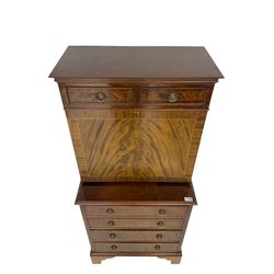 Shaw of London - mahogany secretaire chest, the upper section fitted with two drawers over fall front enclosing drawers, cupboard and pigeon holes, the lower section fitted with four graduating drawers, on bracket feet