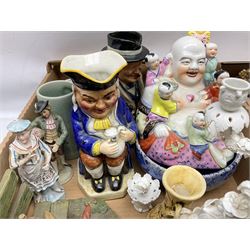 Collection of ceramics to include Royal Doulton Winston Churchill toby jug, Capodimonte style figures, novelty brandy decanter etc, in two boxes