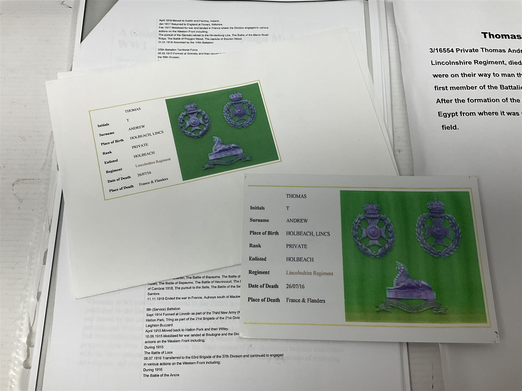 WWI group of three medals with bronze memorial plaque comprising 1914-15 Star, British War Medal and Victory Medal awarded to 16554 Pte. T. Andrew Linc. R. who died on 26th July 1916 whilst travelling to Vimy Ridge, polished and mounted for display in a frame; together with small archive of research material and two WWII V.E. Day Presentation Certificates from the people of Holbeach in Lincolnshire