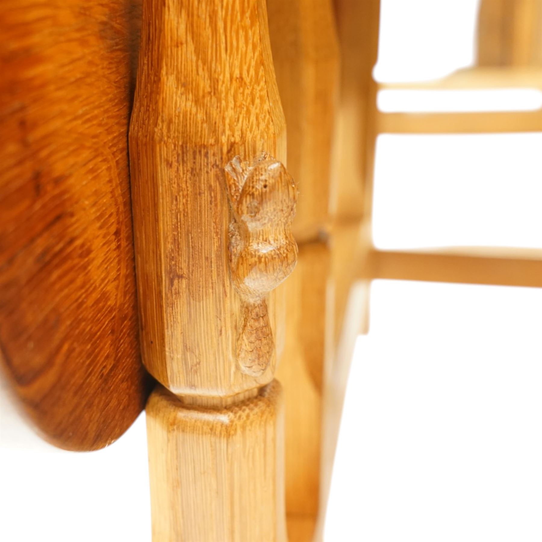 Beaverman - 1980s adzed oak drop-leaf dining table with gate-leg action, adzed top and leaves extending to 129cm, octagonal supports with large Beaver carving, by Colin Almack of Sutton near Thirsk 