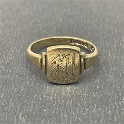 9ct gold signet ring, hallmarked, a gold plated locket, stamped 9ct back and front, and a purple paste pinchbeck brooch