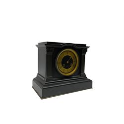 A 19th century Belgium slate mantle clock with a recessed flat top above a break arch pediment supported by two reeded columns with Corinthian capitals on a deep moulded stepped plinth, with a French 8-day movement, striking the hours and half-hours on a coiled gong, recoil escapement and rack strike, black slate dial with a gilt chapter ring and Roman numerals, brass hands (minute hand broken)with a Brocot pendulum adjustment arbor and strike/silent arbor, dial and movement backplate engraved 
