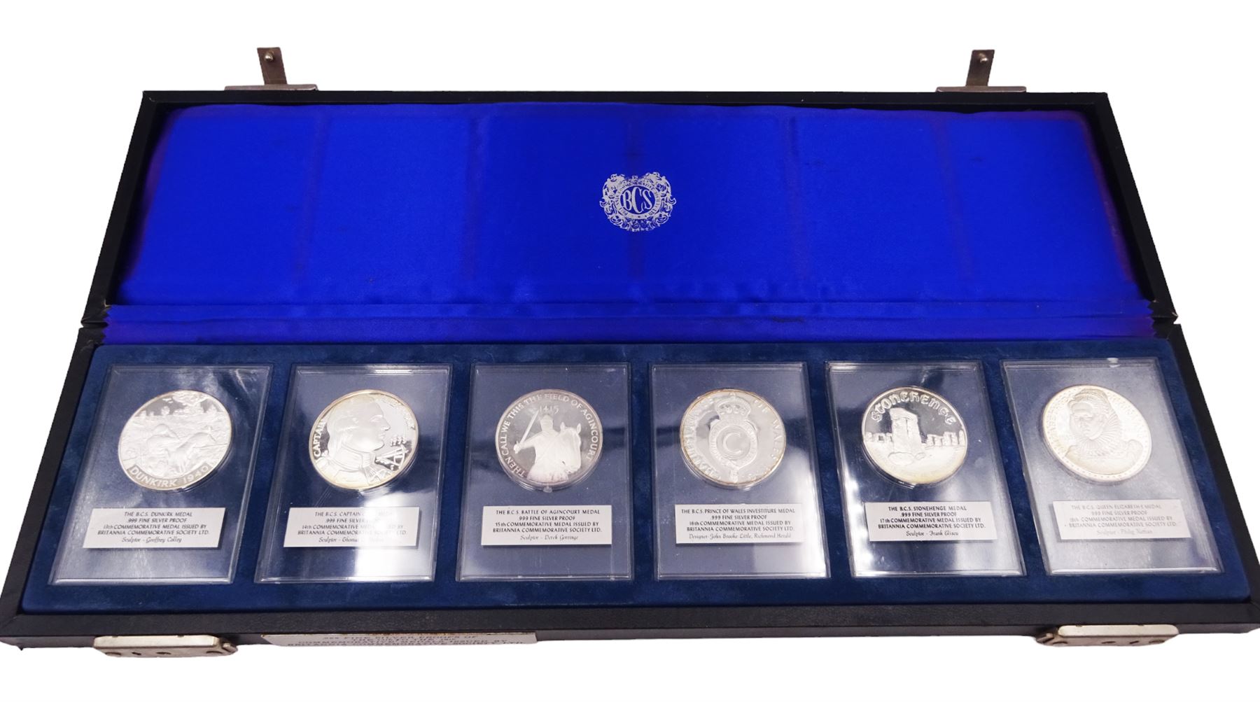 British Commemorative Society Ltd, set of six commemorative .999 fine silver proof medals, no. 13 to 18 , to include The Dunkirk Medal, The Captain Cook Medal, The Battle of Agincourt Medal, The Prince of Wales Investiture Medal, The Stonehenge Medal and The Queen Elizabeth Medal, each contained within clear perspex cases, in a silk lined fitted case