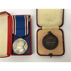 Collection of WW2 and police medals c.1933-1955, awarded to Eric Drinkwater comprising 1939-45 War Medal, Defence Medal, 1939-45 Star and Burma Star, on wearing bar; 1918-62 General Service Medal with Cyprus clasp to P.S. E.G. Drinkwater; boxed; Police Long Service and Good Conduct Medal to Const. Eric C. Drinkwater; cased; Royal Life Saving Society bronze medal to E.C. Drinkwater July 1933; boxed; and George V 1937 coronation medallion; boxed.