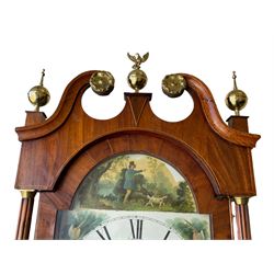 An oak and mahogany longcase clock by William Hewson, Lincoln c 1860, with a swans neck pediment, ball and spire finials and brass paterae, break arch hood door flanked by reeded pilasters with brass capitals, oak trunk with canted corners and a short oak door with mahogany crossbanding, conforming plinth with applied skirting, fully painted dial with Roman numerals, minute track and subsidiary seconds dial, matching brass stamped hands and winding collets, depiction of a  sportsman to the break arch and corresponding game birds to the spandrels, dial pinned directly to an eight-day rack striking movement with a recoil anchor escapement, striking the hours on a bell. Original casemakers label pasted to the inside of the case 