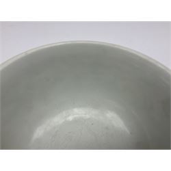 Pair of Chinese famille jaune bowls, decorated in green enamel with a dragon chasing a flaming pearl amongst clouds, upon a yellow ground, the interior decorated to centre with dragon, with six character mark beneath, D17.5cm