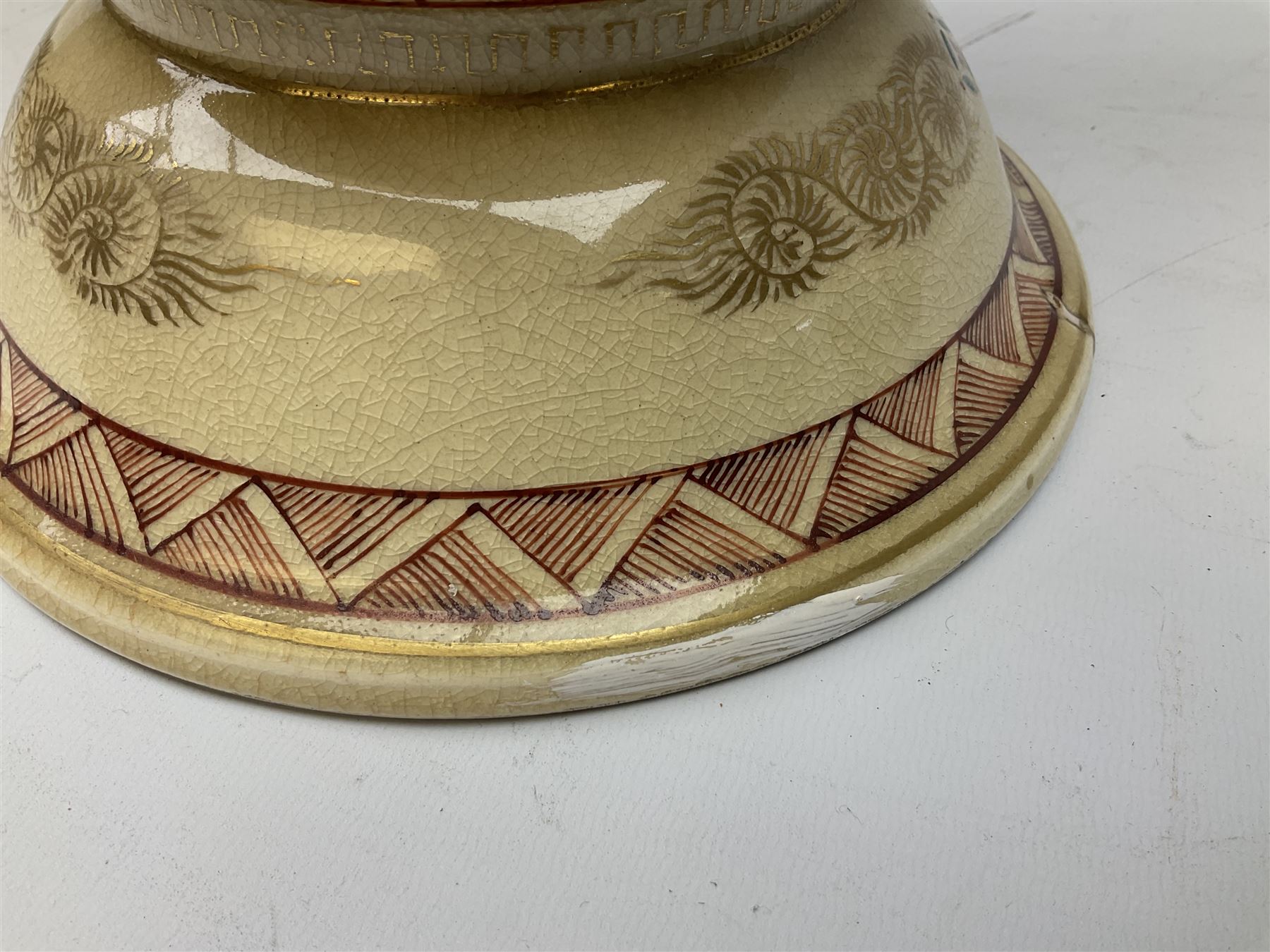 Pair early 20th Century Japanese floor vases of ovoid form, painted with warriors and elders within geometric designs and gilding, H61cm