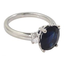 18ct white gold three stone oval mix cut sapphire and round brilliant cut diamond ring, stamped, sapphire approx 3.60 carat