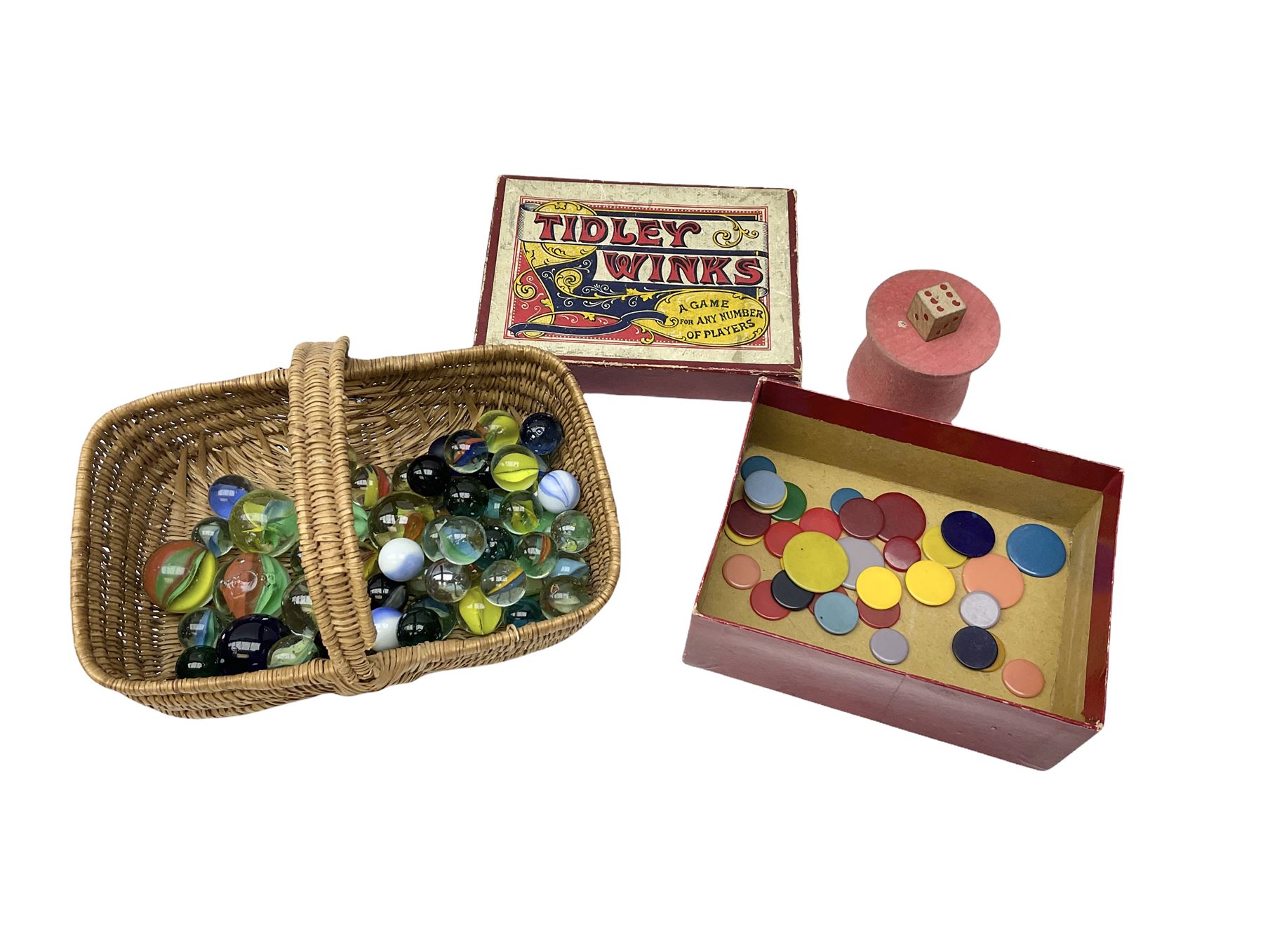 Vintage musical toys including three tin-plate drums by Chad Valley etc; two sets of cymbals; five miniature brass/copper bugles and horns; together with a quantity of vintage dolls artificial fruit and vegetables and basket ware; glass marbles etc