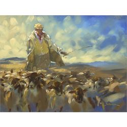 Jeremy Taylor (British 1957-): The Shepherd, oil on board signed 35cm x 45cm