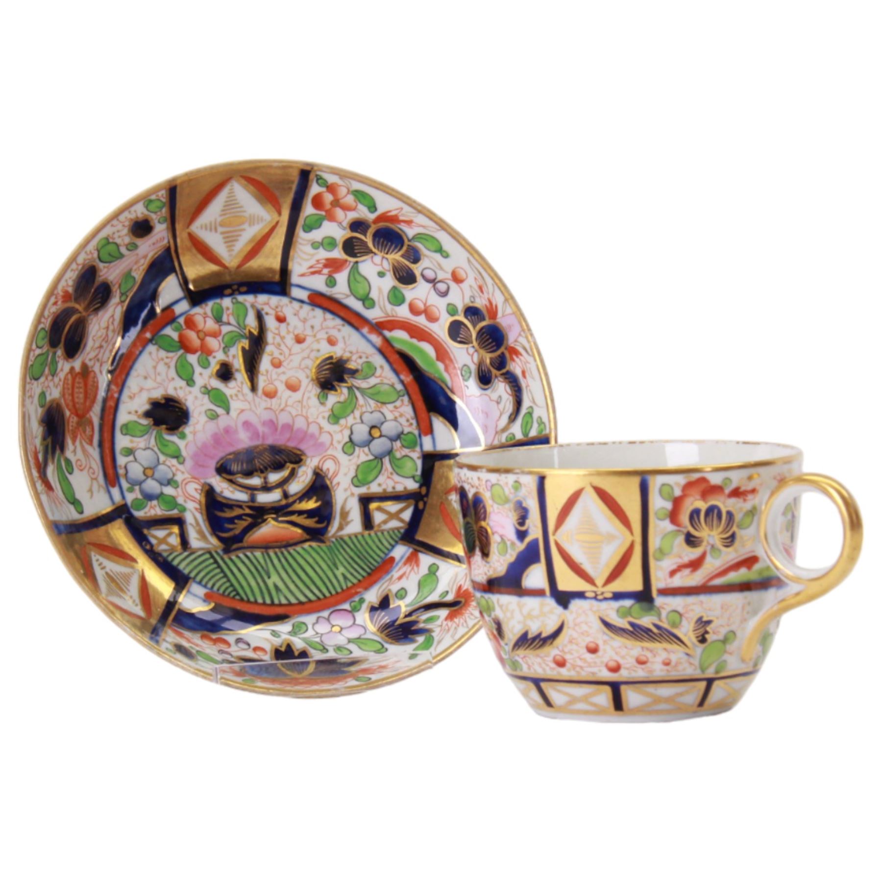 Five 19th century Imari palette tea cups and saucers, comprising Chamberlain Worcester example decorated in the 240 Japan or Nelson pattern circa 1810, Worcester Flight, Barr & Barr example circa 1820, Spode 1220 pattern circa 1805, and further pair, probably Coalport, each cup approximately H6cm D8cm, saucer D14cm
