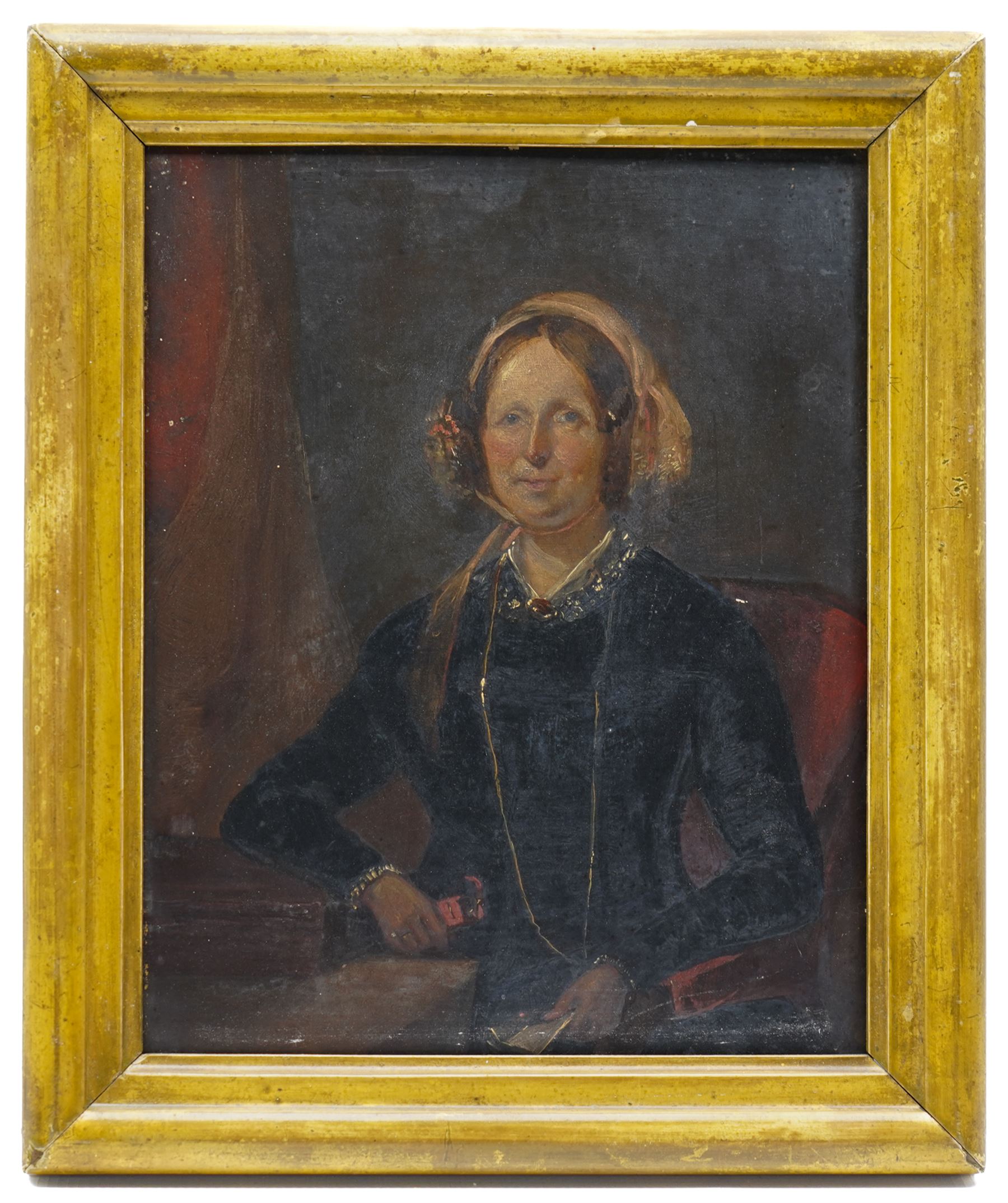 English School (19th century): Portrait of a Victorian Lady Wearing a Bonnet, oil on millboard unsigned 24.5cm x 19.5cm