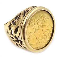  1913 gold half sovereign loose mounted in gold ring, hallmarked 9ct  