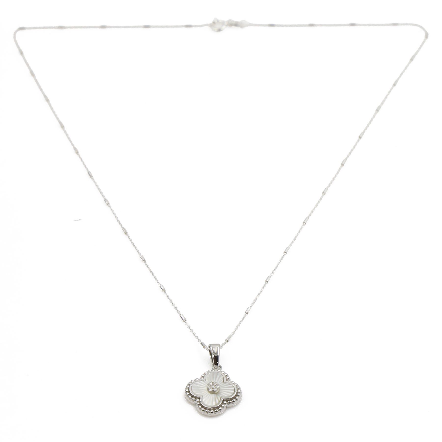 Silver cubic zirconia and mother of pearl flower head pendant necklace, stamped 925