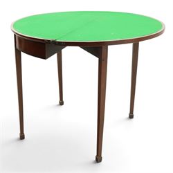 Edwardian mahogany inlaid demi-lune side table, inlaid top with shell motif, green baize interior, with gateleg, raised on square tapering supports terminating in spade feet