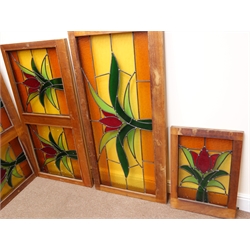  Eleven pieces of mahogany cased lead framed stained glass  (W209cm, H62cm, D4cm maximum measurement) and eight other pieces (19)  
