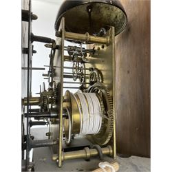 Charles Fletcher of Barnsley - Oak and Mahogany 8-day longcase clock, c 1830, with a swans neck pediment, silk backed open fret work beneath and a break arch hood door, flanked by reeded pilasters with wooden capitals, trunk with reeded quarter columns and a break arch topped door, plinth with inlaid banding on a shaped base, painted dial with Arabic numerals, seconds and date dials, stamped brass hands and painted depictions of the four seasons to the spandrels, dial pinned via a false plate to a rack striking movement with a recoil anchor escapement, striking the hours on a cast bell. With weights and pendulum.