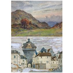 Josiah Clinton Jones (British 1848-1936): Hilly Landscape, watercolour signed; EG (Continental 19th/20th century): Continental Marketplace, watercolour signed and dated '01 max 25cm x 37cm (2)