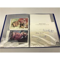 Two folders of over fifty photographs, cards, compliment slips etc of actors, actresses, celebrities, politicians, sports personalities etc, all bearing signatures, including David Frost, Lloyd Grosman, John Suchet, Julia Somerville and othe GMTV presenters, Carol Vorderman, Jackie Collins, Rolf Harris, Timothy Dalton, Pete Postlethwaite, Magnus magnusson, John Major, Kate Moss, Uri Geller, David Beckham, Peter Alliss, Sharon Davies, Kevin Keegan etc