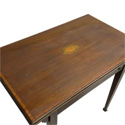 Edwardian inlaid mahogany side table, rectangular moulded top with shell inlay and satinwood band, fitted with single drawer, on square tapering supports with brass and ceramic castors (W84cm, H71cm, D53cm); early 19th century mahogany fold-over tea table; and a 20th century mahogany revolving bookcase