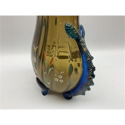 Pair of 19th century glass vases in the style of Auguste Jean, of bulbous form with lobed rim and applied blue glass zoomorphic handles, painted with enamel flowers, dragonflies and swans, upon four blue glass feet, H26cm