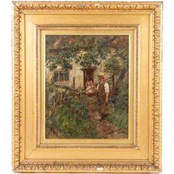 James Charles (British 1851-1906): The Reaper Leaving for Work, oil on canvas signed 31cm x 25cm