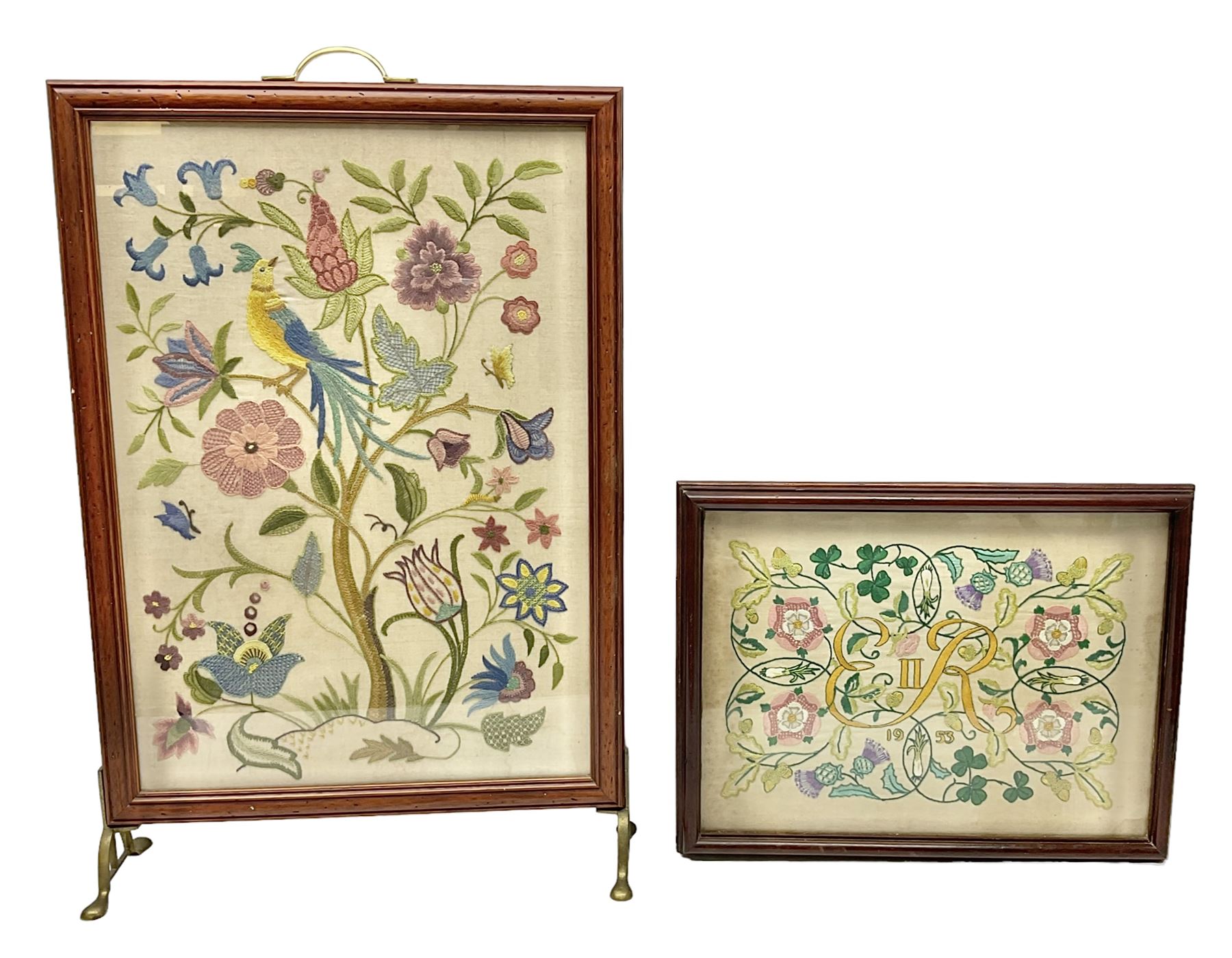 Two 1950s tapestries, the framed example celebrating the 1953 coronation, the second converted into a fire screen depicting a floral display, firescreen H70cm (2)