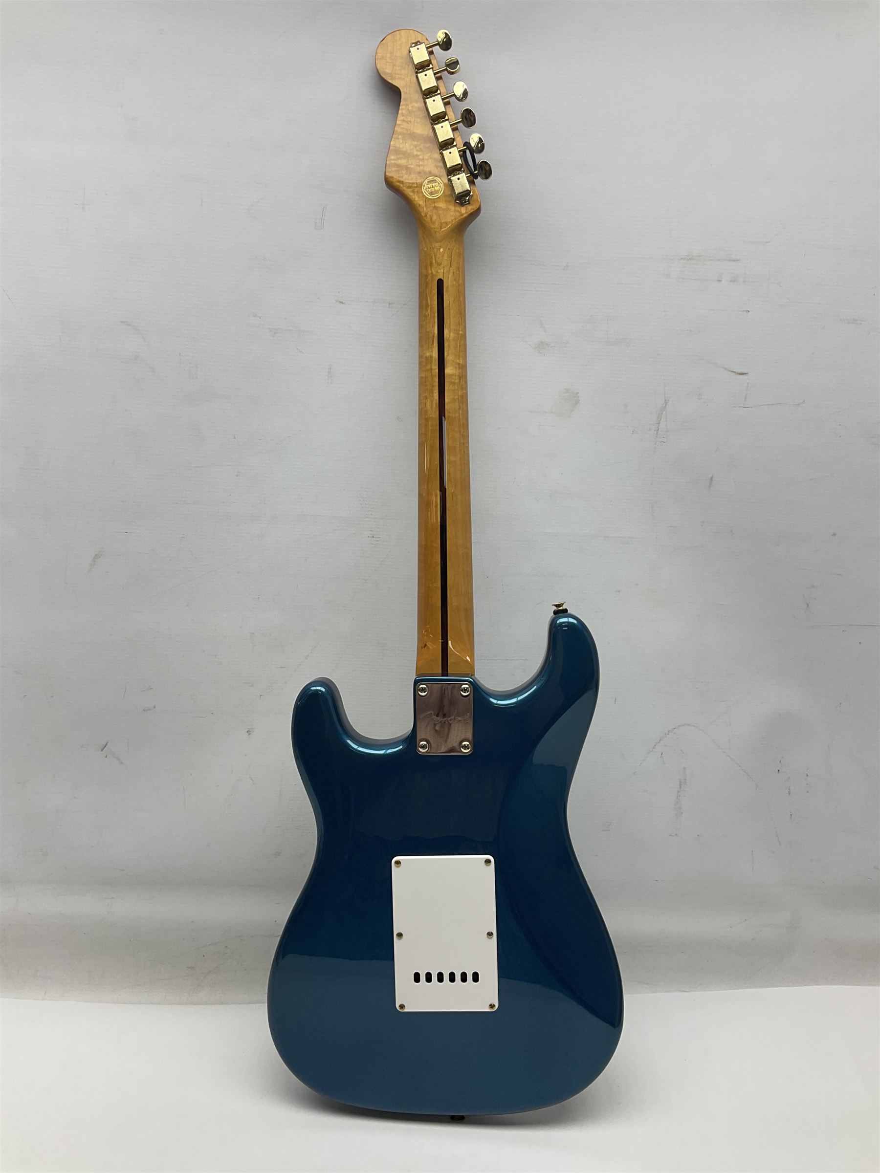 Fender Stratocaster style electric guitar in metallic blue with Rio Grande pick-ups and Fender back-plate L98cm; in Fender soft carrying case