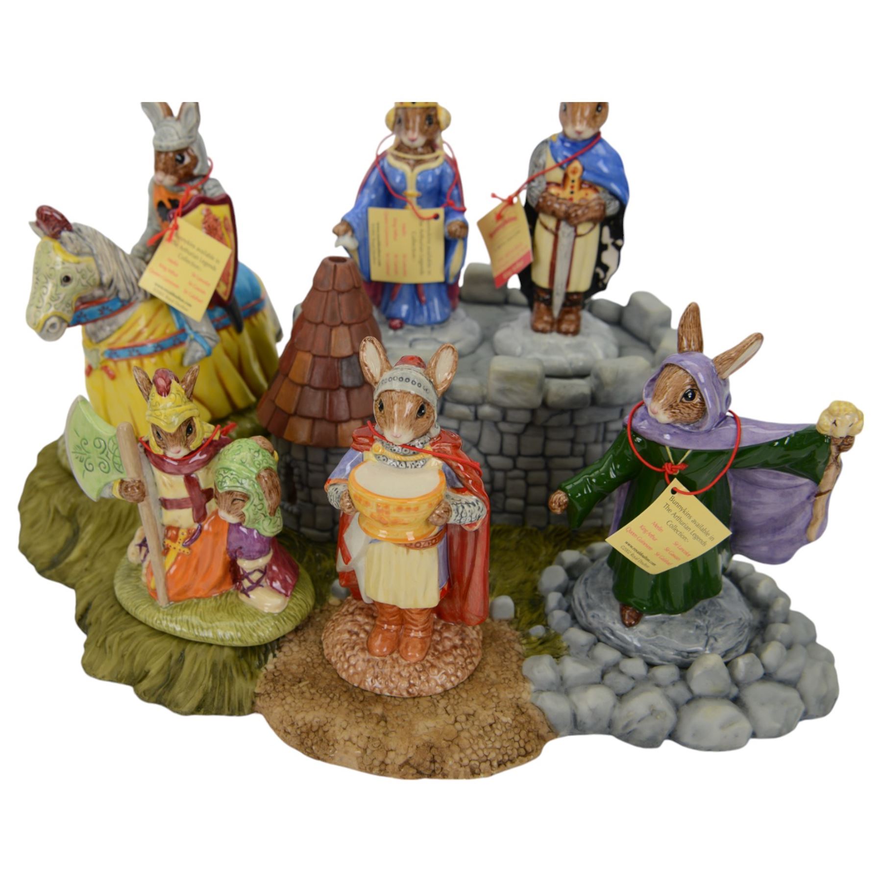 Royal Doulton Bunnykins, comprising of three complete sets;  The Arthurian Legend Set, with display plinth, Sir Gawain, Queen Guinevere, Sir Galahad, Merlin, King Arthur, Sir Galahad; Tudor set with display plinth, Henry VIII, Anne Boleyn, Jane Seymour, Catherine of Aragon, Catherine Parr, Anne Of Cleaves and Catherine Howard; The Occasions Collection: with display plinth, Christmas Morning, Wedding Day, Love Heart, Easter Treat, Birthday Girl, Congratulations, Graduation Day and Easter Parade, all with original boxes