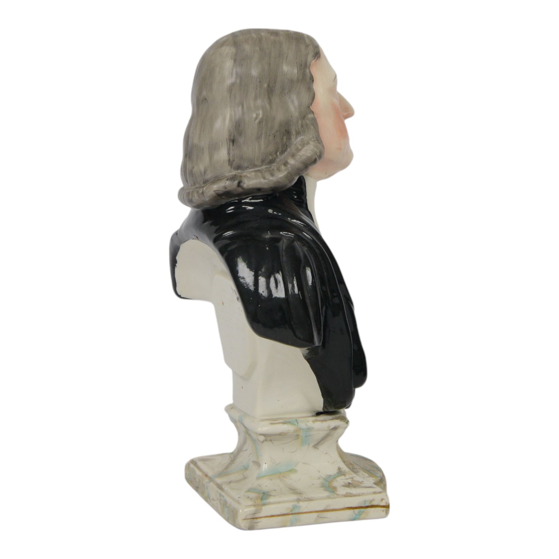 19th century Staffordshire Enoch Wood pottery bust, The Reverend John Wesley, mounted on a shaped marbleised plinth, with inset plaque to reverse, H30cm