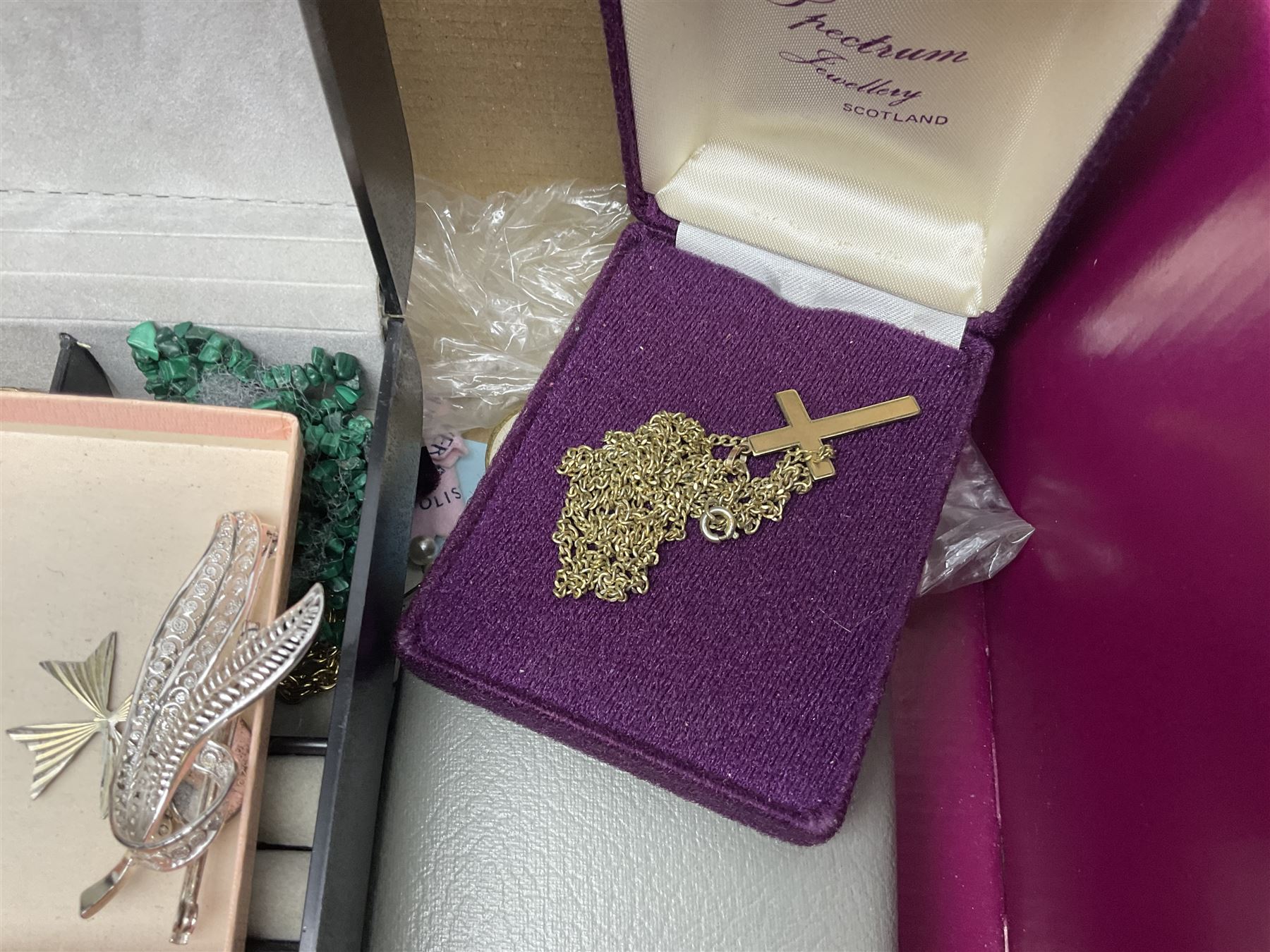 Victorian and later silver jewellery including engraved oval locket pendant, bangle, fob watch, vesta case, faux pearl necklace, butterfly wing pendant etc, a collection of costume jewellery including beaded necklaces, brooches, earrings, ladies wristwatches and a small collection of coins including two pre 1947 half crowns 