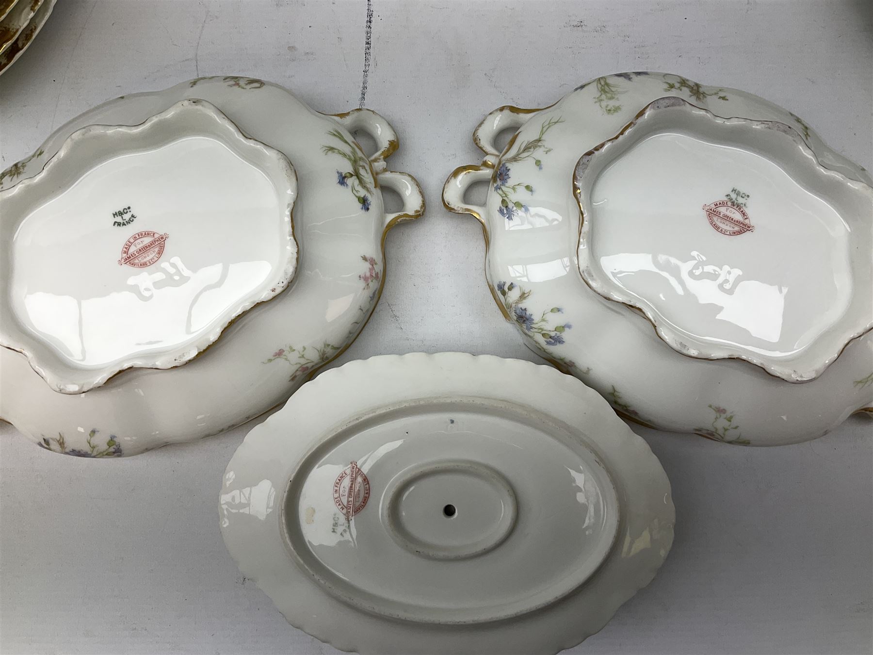 French Haviland Limoges part dinner service, decorated with floral sprays and gilding, to include two lidded tureens, thirteen plates, oval serving platter, etc, all stamped H & Co Made in France for James Green & Nephew (17) 