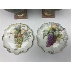 Pair rubian art pottery jugs and pair painted Doulton plates, jugs H42cm