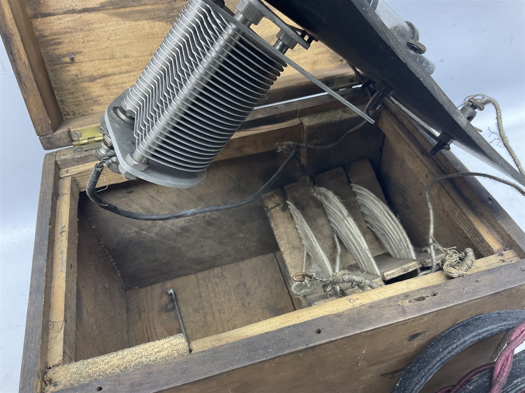 Crystal radio set, housed in pine case with headphones