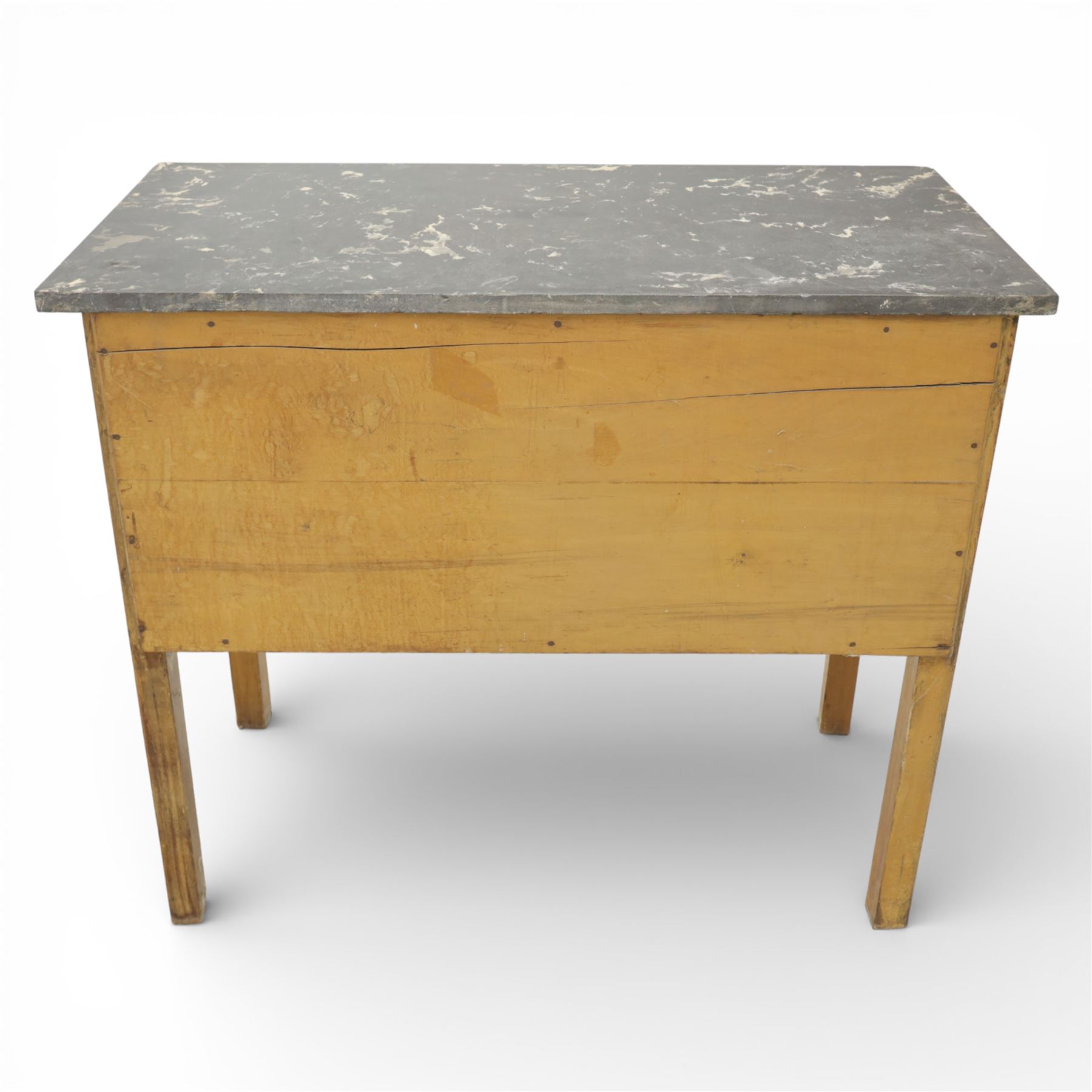 Edwardian walnut stained washstand, rectangular grey marble top, the base fitted with a pair of panelled cupboard doors with iron handles, raised on square tapering supports