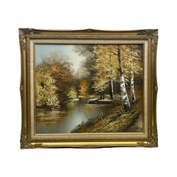 Continental School (20th century): Silver Birches by the River, oil on canvas unsigned 50cm x 60cm