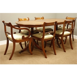  Bevan Funnell Reprodux mahogany and yew wood banded twin pedestal extending dining table with additional leaf (89cm x 176cm - 219cm (with leaf)), and set six (4+2) Regency style dining chairs with sabre legs  