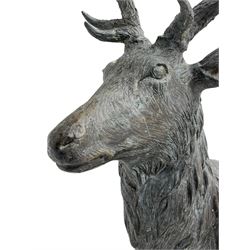 Contemporary bronze garden sculpture, modelled in the form of a stag, upon a rectangular stone plinth, overall H128cm L89cm W38cm