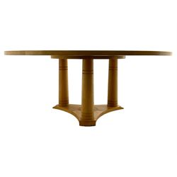 Chris Berry for Berrydesign - contemporary bespoke solid light oak dining table, circular top over ring turned triple pedestal with triform base