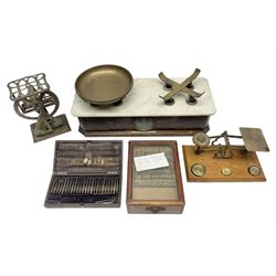 Set of Pharmaceutical scales, marked 'The Holborn Surgical Inst. co. Ltd London' together with two postal scales and to cased sets of dentist burs 