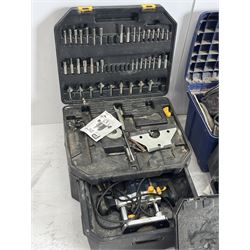 Performance Pro router with accessories, cased; DeWalt drill, two angle grinders with bits, biscuit jointer, bench grinder, scroll saw, heat gun, drills and other