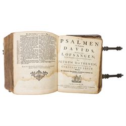 Biblia, dat is de gantsche H. Schrifture..., Dutch States Bible, engraved title, separate New Testament title, metrical Psalms with musical notation, Amsterdam: Ph. Losel, H. Brandt, D. Onder de Linden, G. de Groot, P. Schouten and de Wed. O. van Grafhorst, 1768, contemporary panelled calf with brass clasps, 29 x 23cm