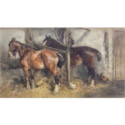John Atkinson (Staithes Group 1863-1924): Horses in Stable Stalls, watercolour signed and dated '08, 27cm x 48cm