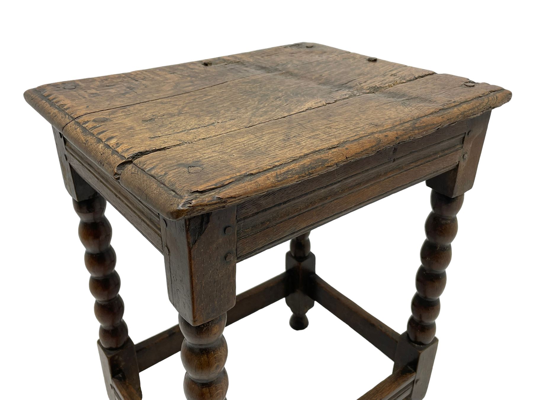 18th century oak joint coffin stool, moulded rectangular top over moulded frieze rails, raised on bobbin turned supports joined by moulded stretchers