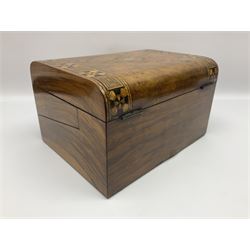 Victorian mahogany writing slope, the brass bound hinged cover opening to reveal tooled leather and gilt interior with two glass inkwells, together with a similar parquetry inlaid writing slope, with central mother of pearl inlay enrgraved 'Sarah', tallest H17cm 