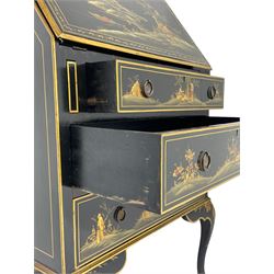 Early 20th century Chinoiserie lacquered bureau, raised gilt decoration, fall front enclosing divisions and drawer, three graduating long drawers, on cabriole supports