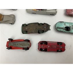 Dinky - sixteen unboxed and playworn/repainted early die-cast sports/tourer/racing cars comprising two Bentley S2 N0.194, Cadillac Eldorado No.131, Packard No.132, Sunbeam Alpine No.107, two Bristol 450 No.163, two Jaguar 'E' Type, Jaguar Type 'D' No.238, MG Midget No.108, Cunningham C-5R No.133, Armstrong Siddeley, Austin Atlantic, Frazer-Nash and Jaguar (16)